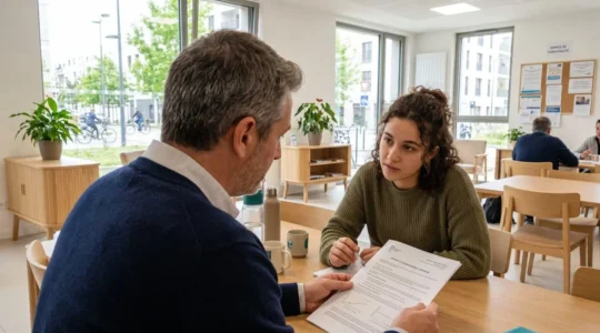 Un jeune alternant et son tuteur professionnel échangent en regardant un document dans un établissement social contemporain, discussion naturelle sans pose