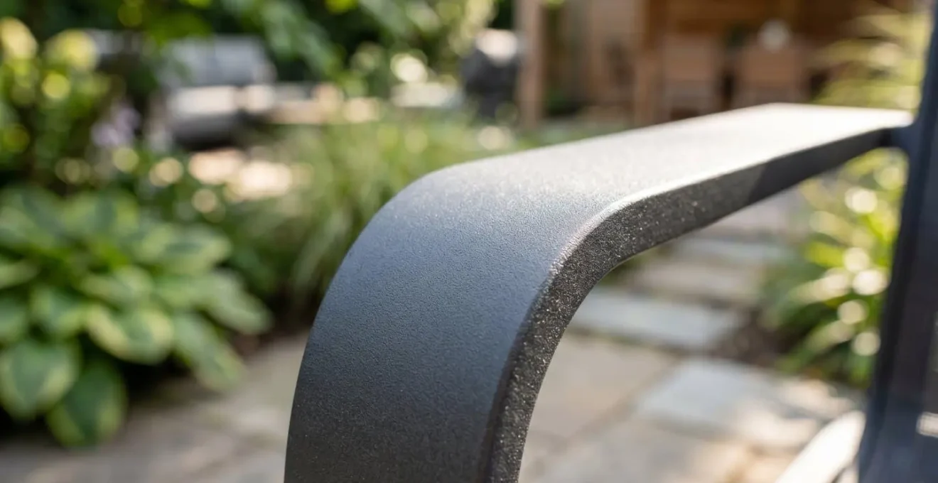 Gros plan sur la texture fine d'un accoudoir en aluminium thermolaqué révélée par une lumière rasante, avec un arrière-plan flouté créant un bel effet de profondeur