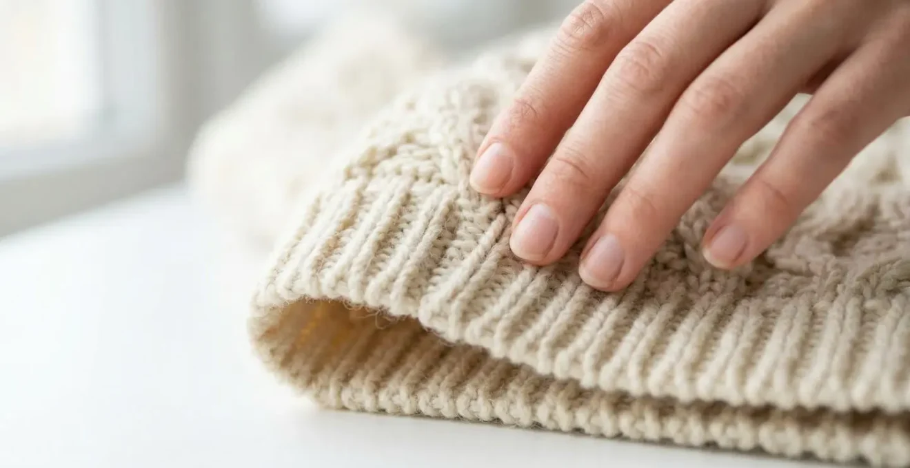 Gros plan sur la texture d'une maille tricotée de qualité avec détail de l'ourlet d'une veste, main effleurant délicatement la matière