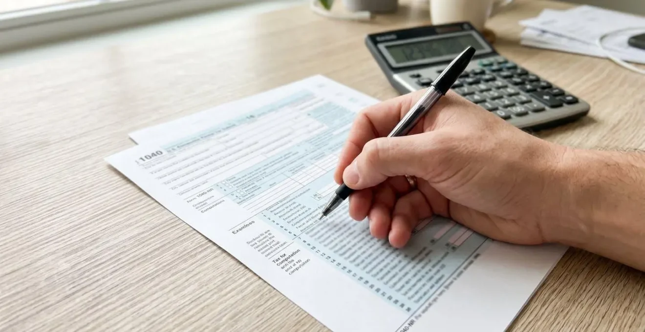 Une main remplit un formulaire fiscal avec un stylo, un calculateur visible en arrière-plan flou