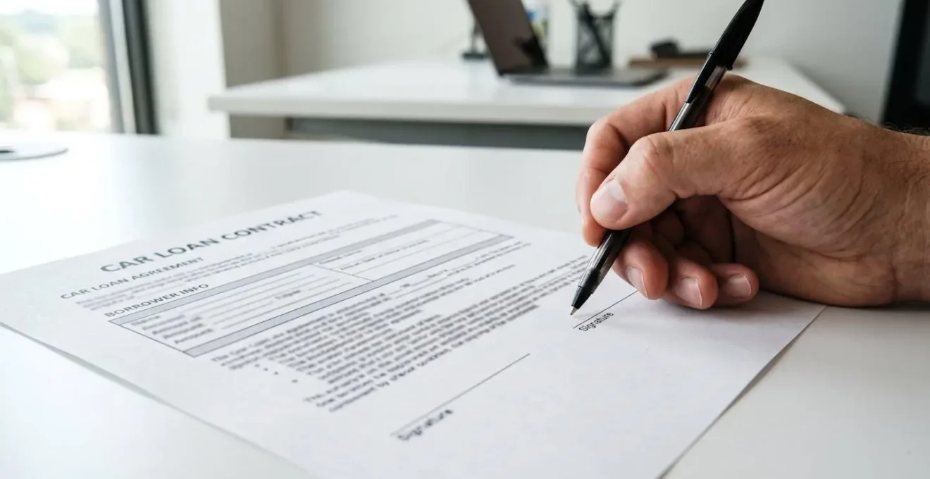 Gros plan sur une main tenant un stylo au-dessus d'un document de contrat de crédit automobile posé sur un bureau blanc moderne