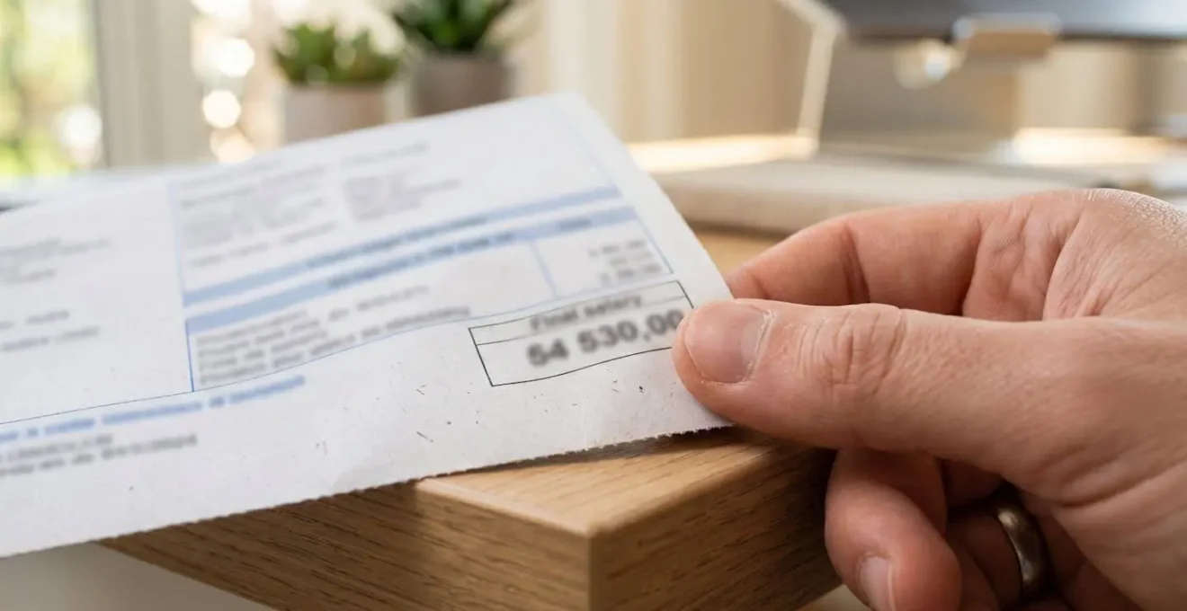 Une main tient un bulletin de salaire français avec un montant visible mais tout le texte est fortement flouté, arrière-plan net avec effet bokeh, surface de bureau moderne