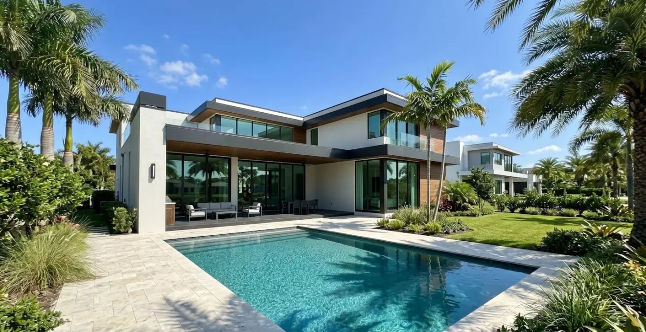 Maison individuelle moderne de Floride avec piscine et palmiers sous un ciel bleu