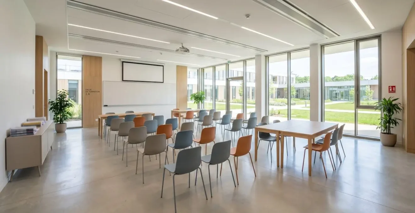 Une salle de formation moderne et lumineuse d'un établissement de formation au social en France, espace vide avec chaises et mobilier contemporain, grande fenêtre laissant entrer la lumière naturelle