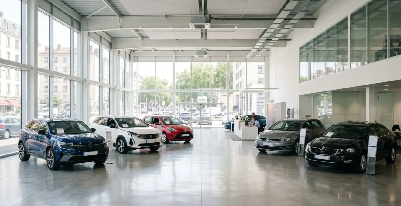 Vue large d'un showroom de concession automobile moderne avec plusieurs véhicules d'occasion exposés sous une lumière naturelle abondante traversant de grandes baies vitrées