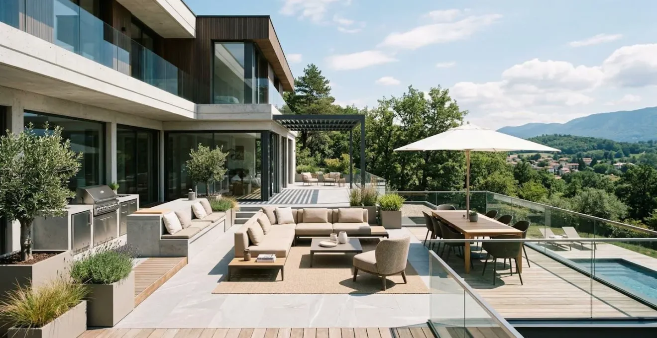 Vue d'ensemble d'une terrasse contemporaine montrant la disposition harmonieuse du mobilier avec zones distinctes et circulation fluide, baignée de lumière naturelle
