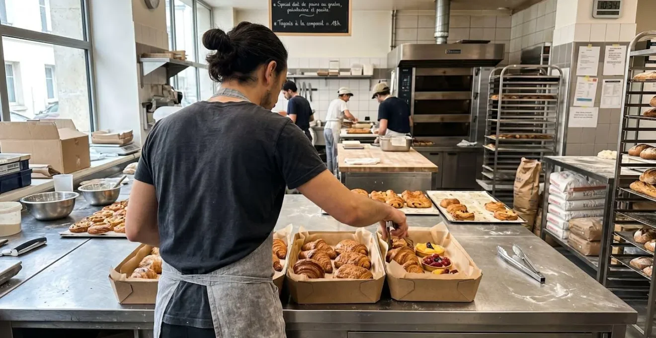 Artisan pâtissier de dos disposant délicatement des viennoiseries dans des corbeilles en carton épais sur plan de travail inox d'atelier contemporain
