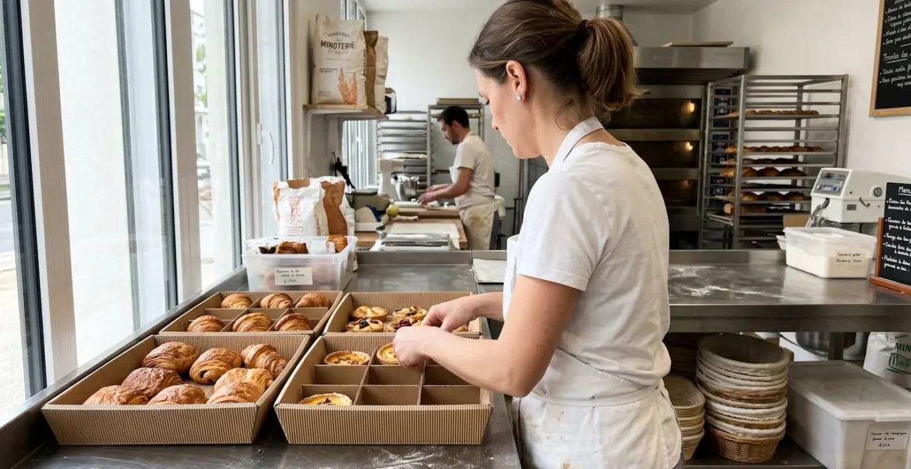 Artisan pâtissier de dos disposant délicatement des viennoiseries dans des corbeilles en carton épais sur plan de travail inox d'atelier contemporain