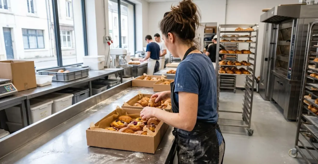 Artisan pâtissier de dos disposant délicatement des viennoiseries dans des corbeilles en carton épais sur plan de travail inox d'atelier contemporain