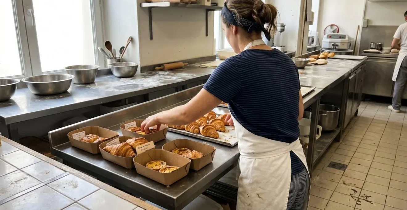 Artisan pâtissier de dos disposant délicatement des viennoiseries dans des corbeilles en carton épais sur plan de travail inox d'atelier contemporain