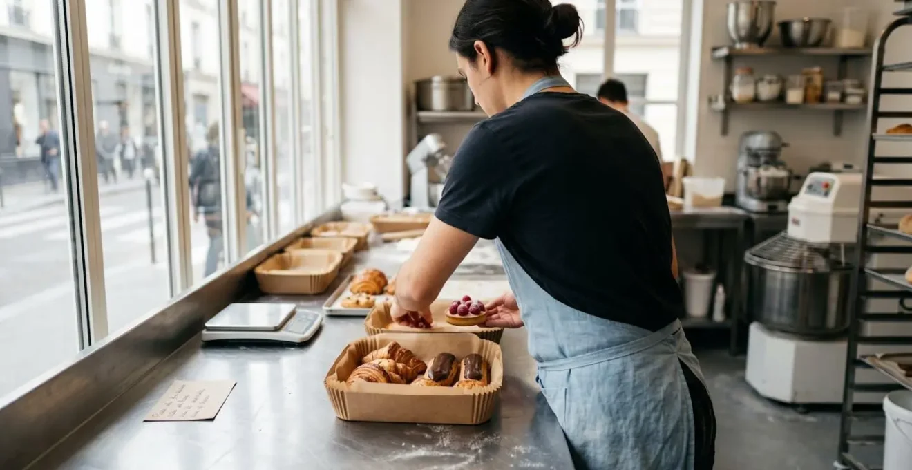 Artisan pâtissier de dos disposant délicatement des viennoiseries dans des corbeilles en carton épais sur plan de travail inox d'atelier contemporain