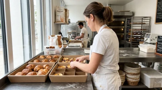Artisan pâtissier de dos disposant délicatement des viennoiseries dans des corbeilles en carton épais sur plan de travail inox d'atelier contemporain