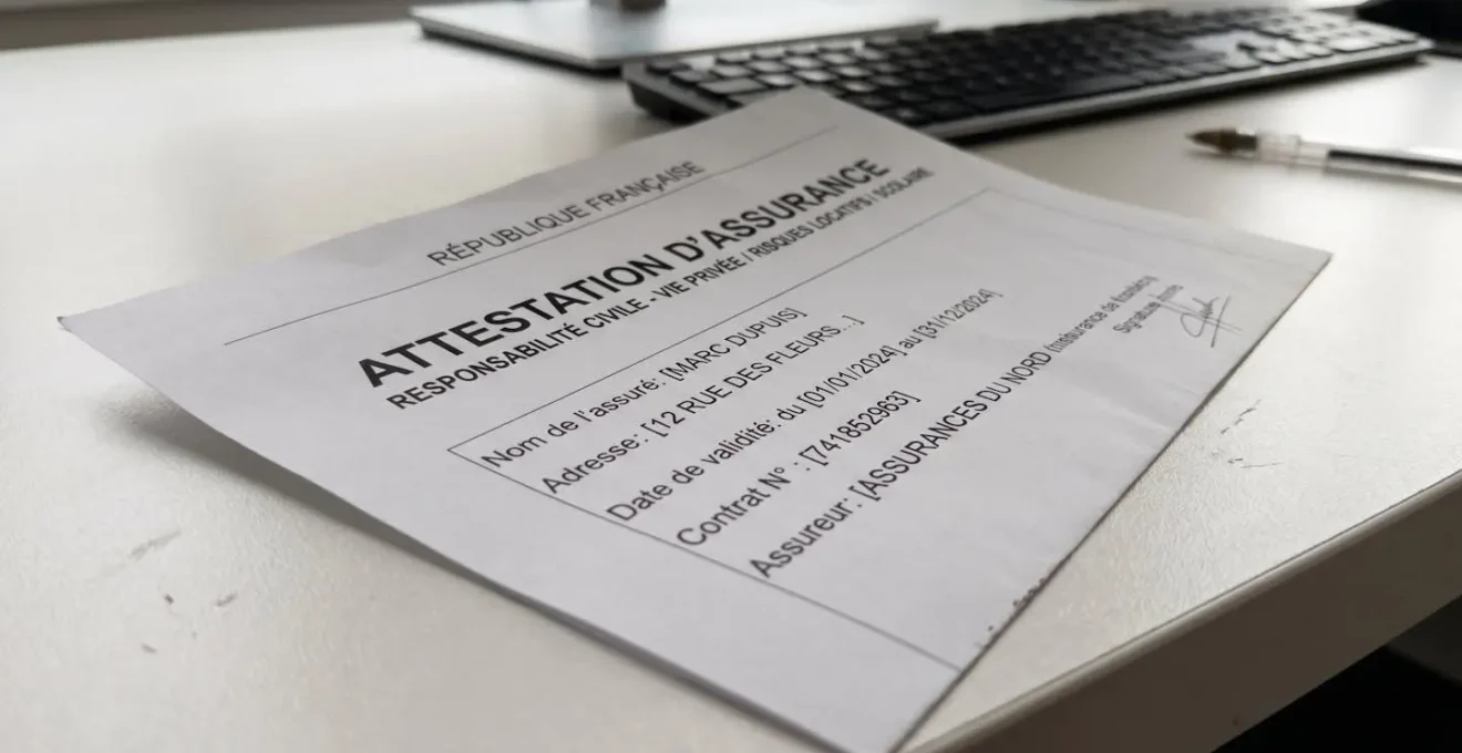 Gros plan d'une attestation d'assurance responsabilité civile posée sur un bureau moderne, en-tête du document partiellement visible avec champs de montant de couverture flous