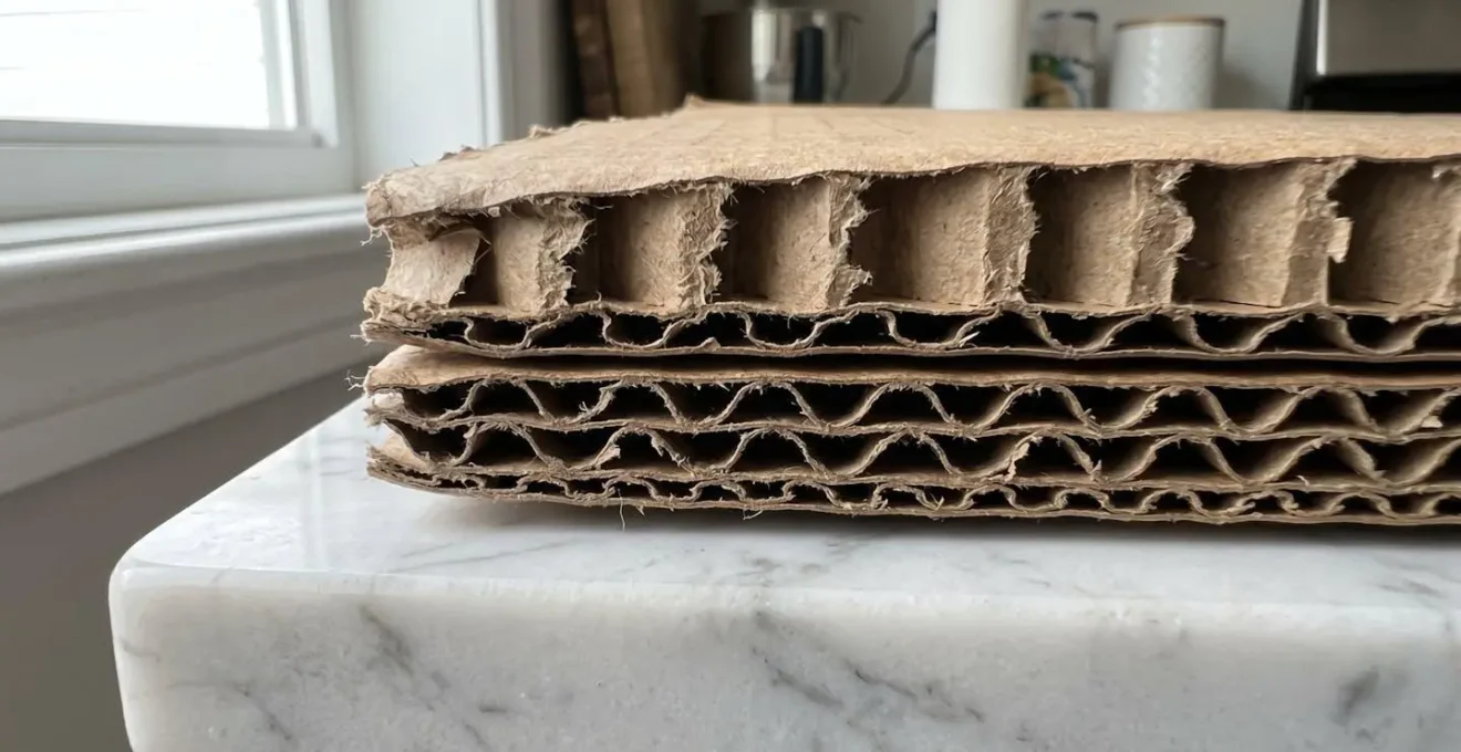 Gros plan macro sur coupe transversale carton double cannelure révélant structure ondulée interne sur surface marbre blanc