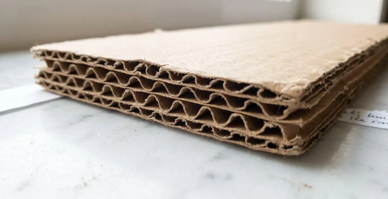 Gros plan macro sur coupe transversale carton double cannelure révélant structure ondulée interne sur surface marbre blanc
