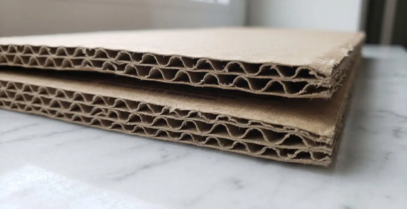 Gros plan macro sur coupe transversale carton double cannelure révélant structure ondulée interne sur surface marbre blanc