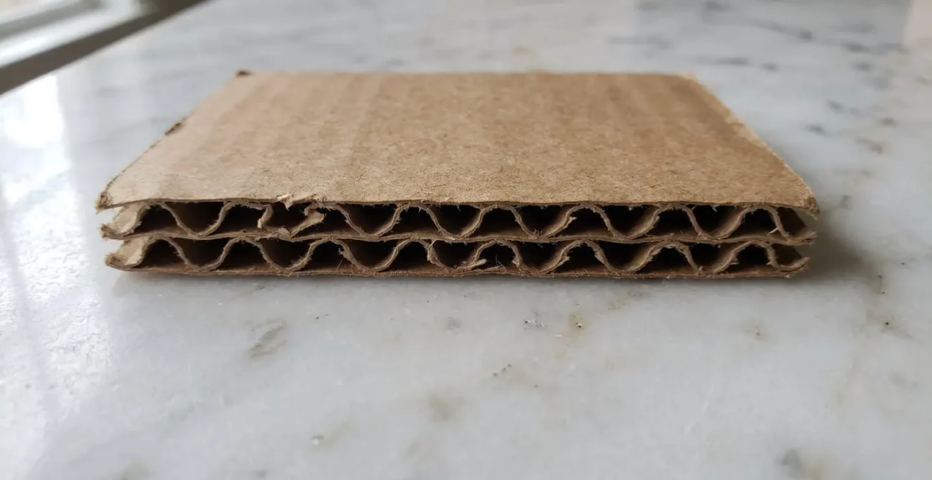 Gros plan macro sur coupe transversale carton double cannelure révélant structure ondulée interne sur surface marbre blanc