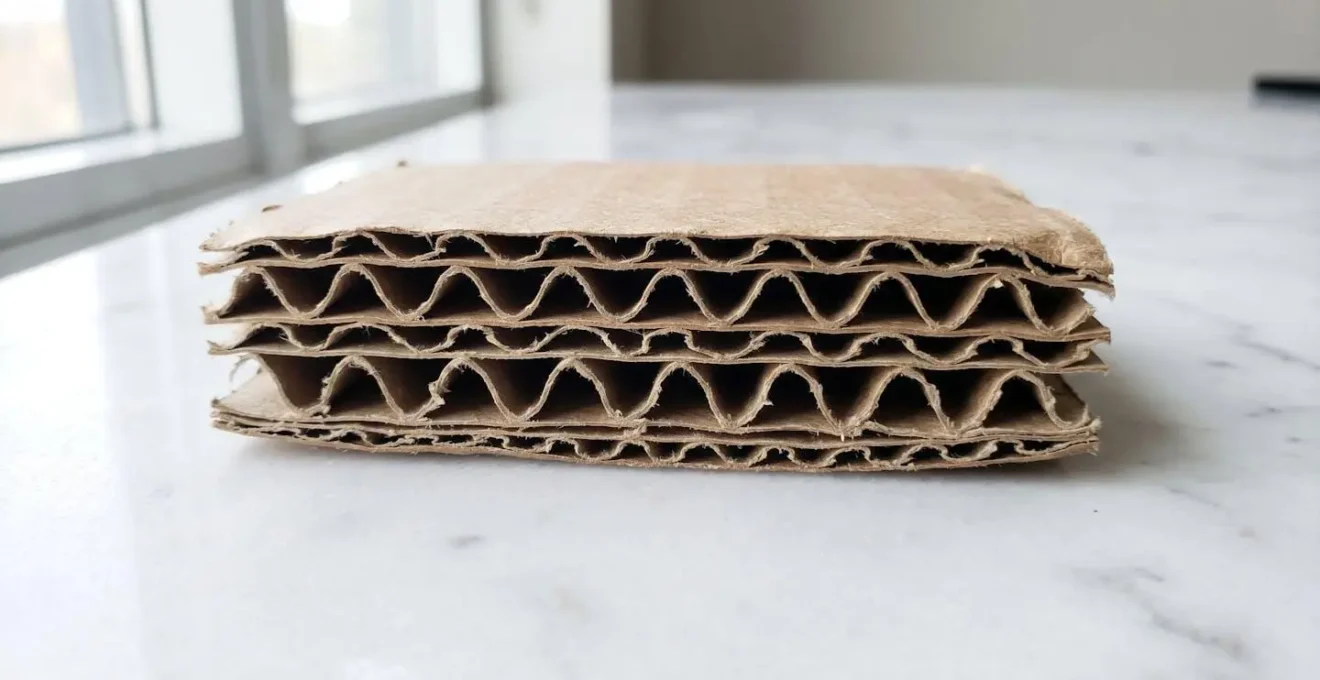 Gros plan macro sur coupe transversale carton double cannelure révélant structure ondulée interne sur surface marbre blanc