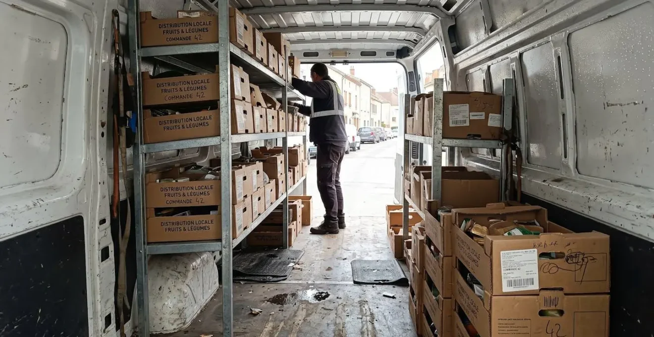 Intérieur utilitaire de livraison avec corbeilles carton empilées sur étagère métallique, légère condensation visible sur parois