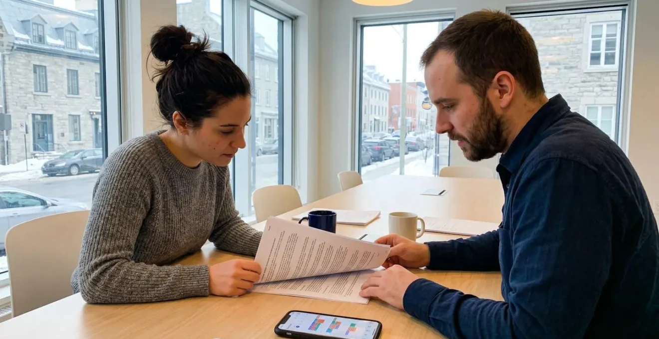 Deux personnes assises côte à côte examinent un contrat de location posé sur une table, l'une désigne une clause du document du bout du doigt