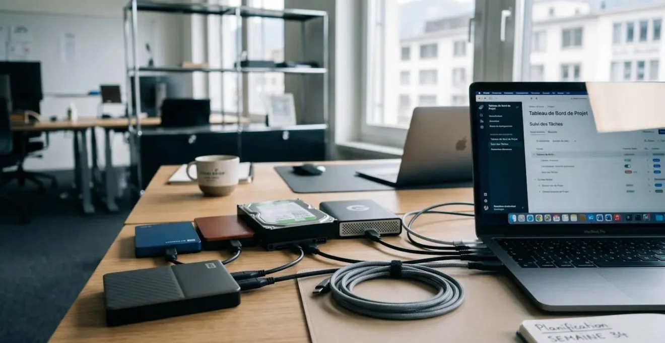 Bureau professionnel avec plusieurs disques durs externes de formats différents connectés à un ordinateur portable par câbles USB, sur un plan de travail épuré avec éclairage naturel