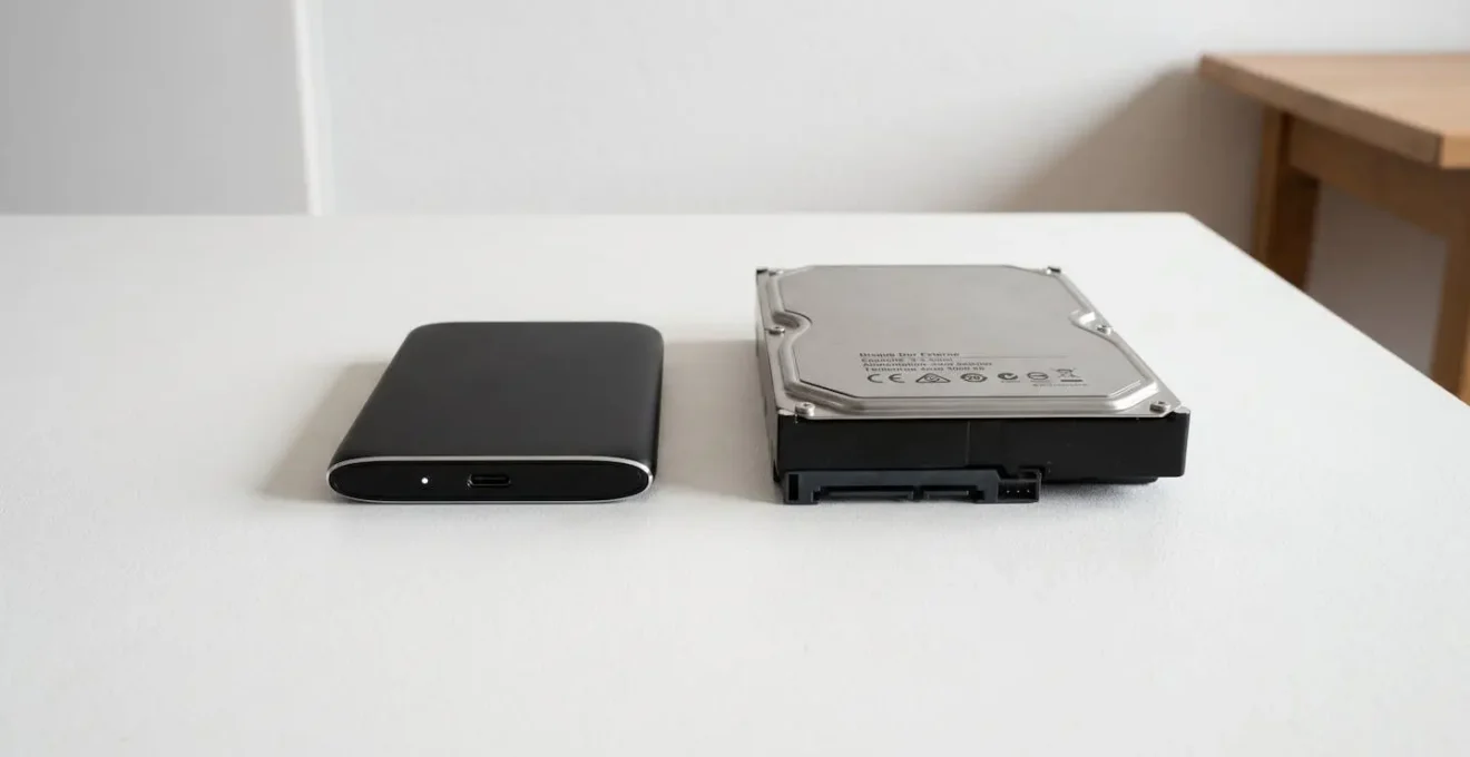 Comparaison visuelle de deux disques durs externes côte à côte sur fond blanc : SSD portable compact à gauche, disque dur mécanique volumineux à droite, montrant la différence de taille et design