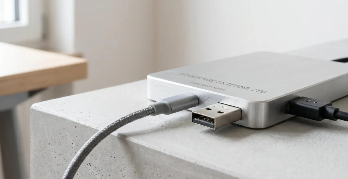 Gros plan sur câbles USB-A et USB-C connectés à un disque dur externe, détails des connecteurs métalliques visibles sur fond neutre épuré