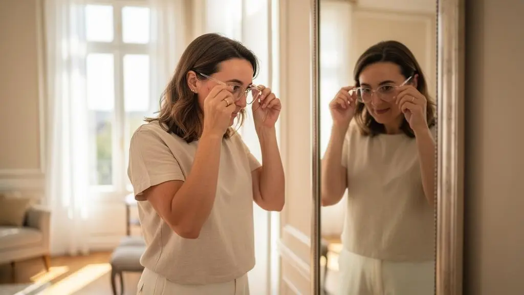 Une femme retire ses lunettes en plastique et observe les marques sur son nez.
