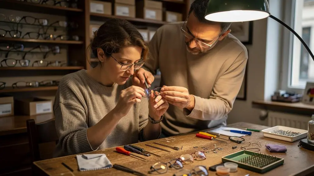 Un opticien ajuste les plaquettes des lunettes d'une cliente sur une table d'atelier.