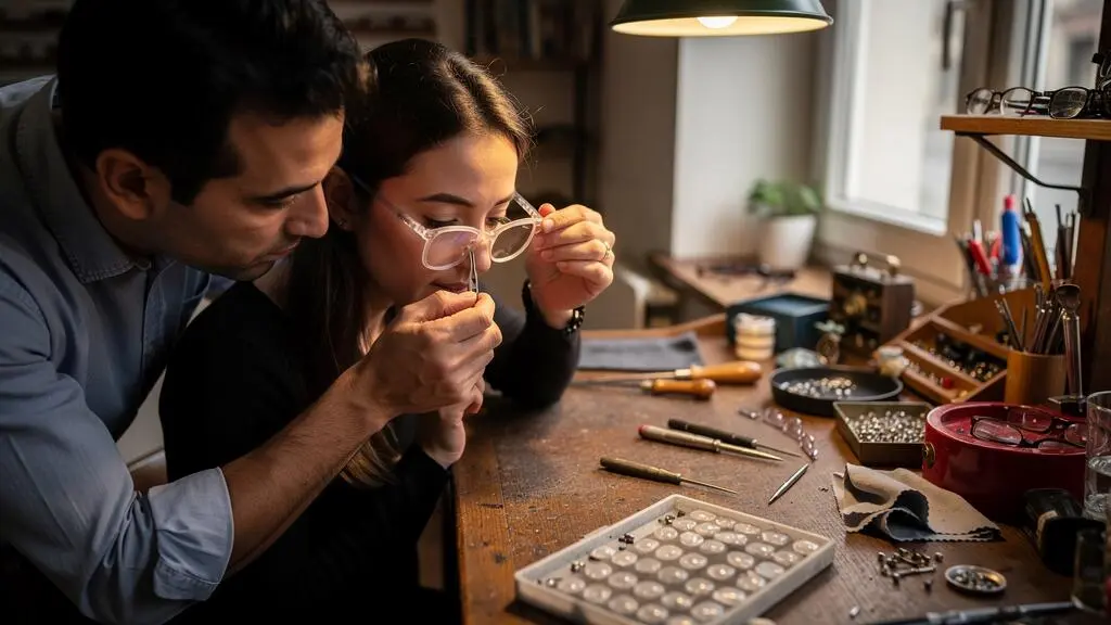 Un opticien ajuste les plaquettes des lunettes d'une cliente sur une table d'atelier.