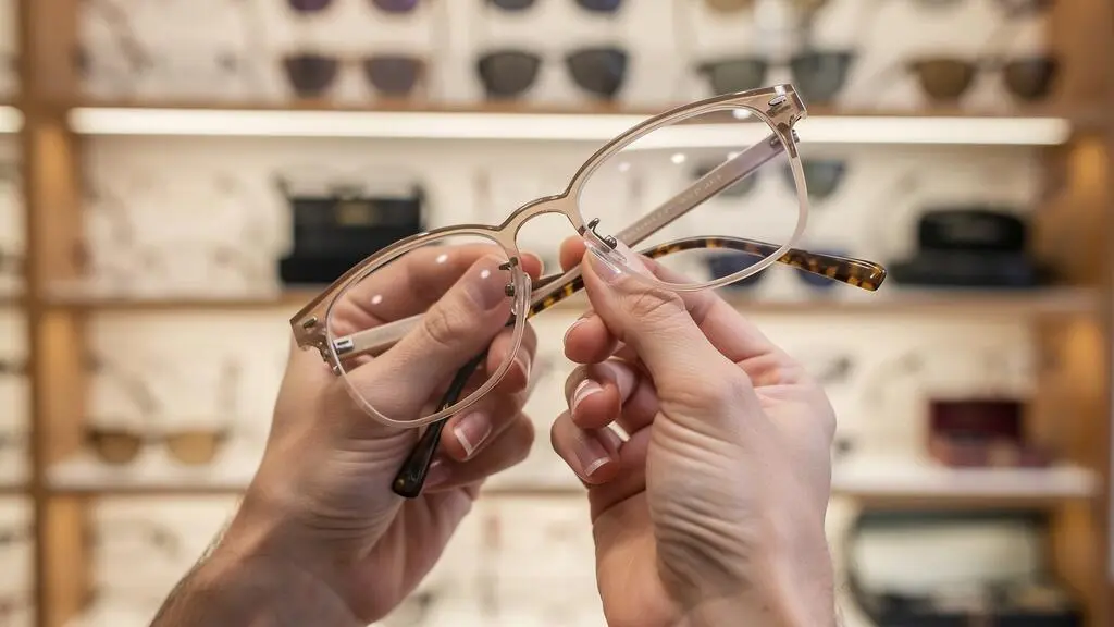 Un opticien compare deux montures plastique en montrant les plaquettes de nez.